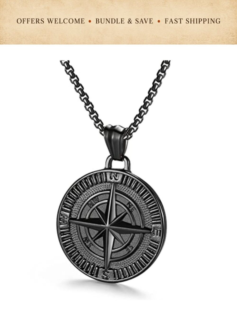 Men's Compass Pendant Necklace Stainless Steel Navigator 22" Chain